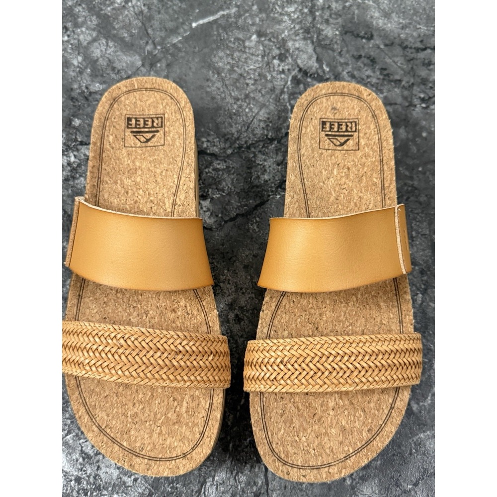 REEF Womens Cushion Vista Hi Cork Bed Slide Natural Braid Tan Worn Once Size 10